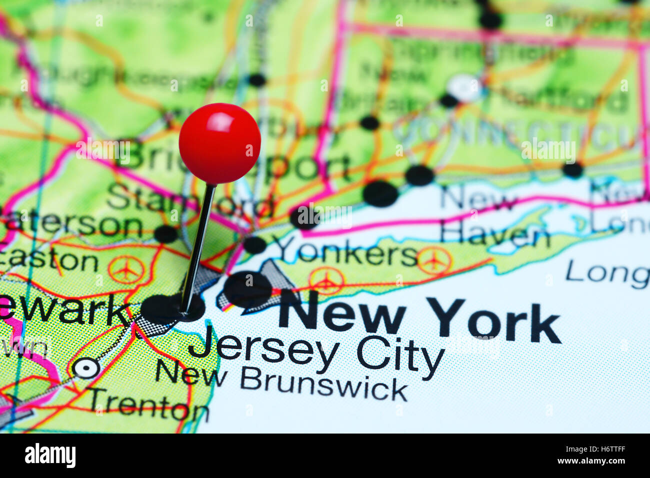 Jersey City, fixiert auf einer Karte von New Jersey, USA Stockfoto