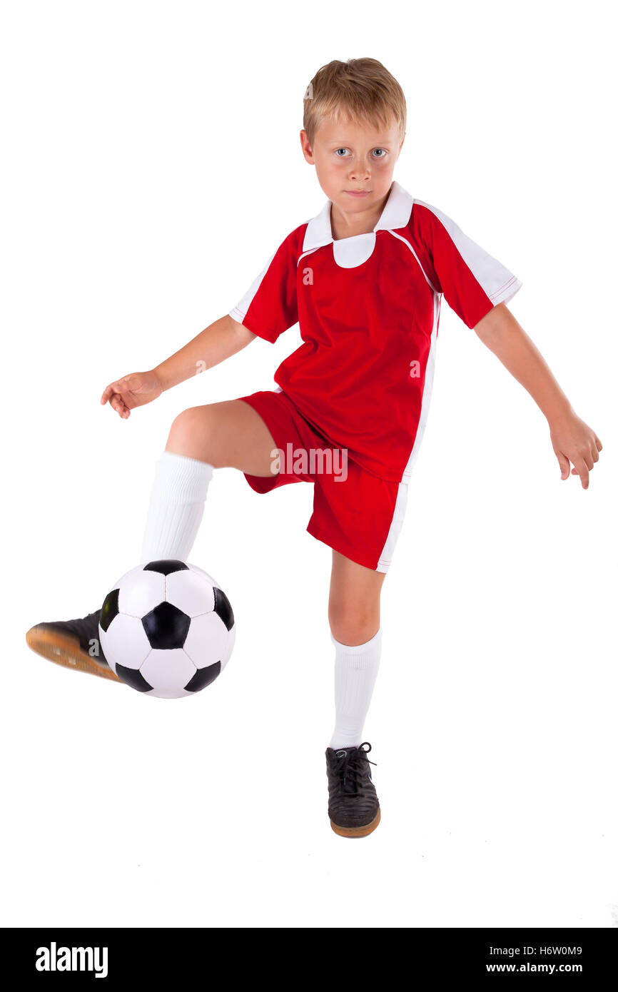 Kugel erschossen Tricot jüngere Sport Sport Fußball Fußball Kind Sport Sport Ball Porträt leer europäischen kaukasischen aktiv Stockfoto