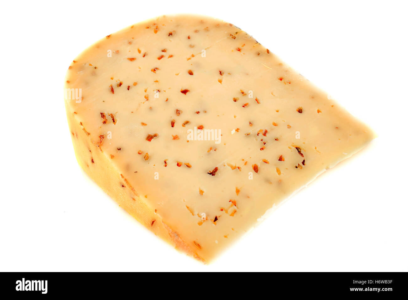 Atelier Käse Kümmel essen Nahrungsmittel Holland Molkerei Teil gelbe Gouda gewürzt weißer Hintergrund isoladed Stockfoto