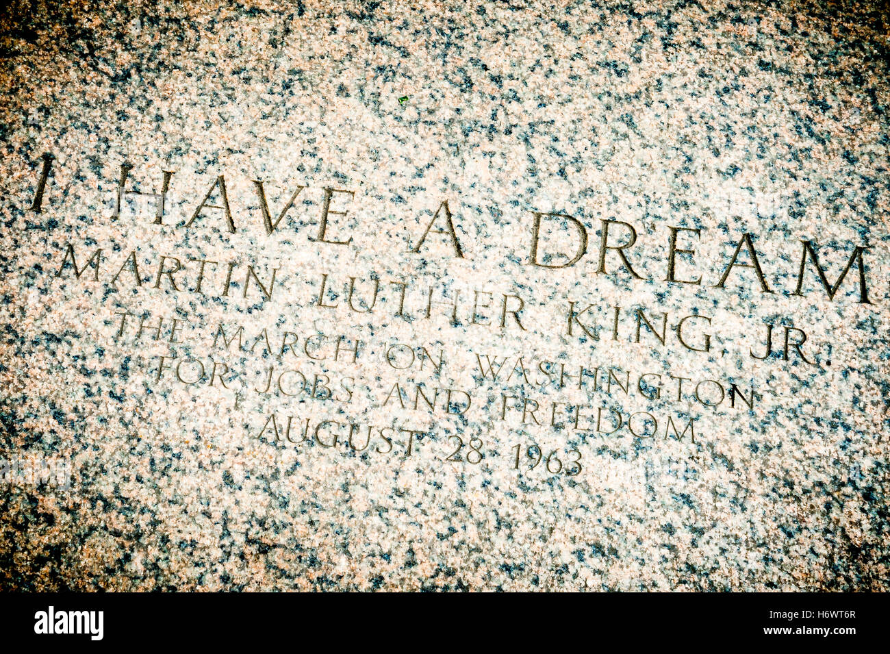 WASHINGTON DC - 30. Juli 2014: "I Have a Dream"-Zitat auf den Stufen des Lincoln Memorial Erinnerung an Martin Luther King Jr. Stockfoto