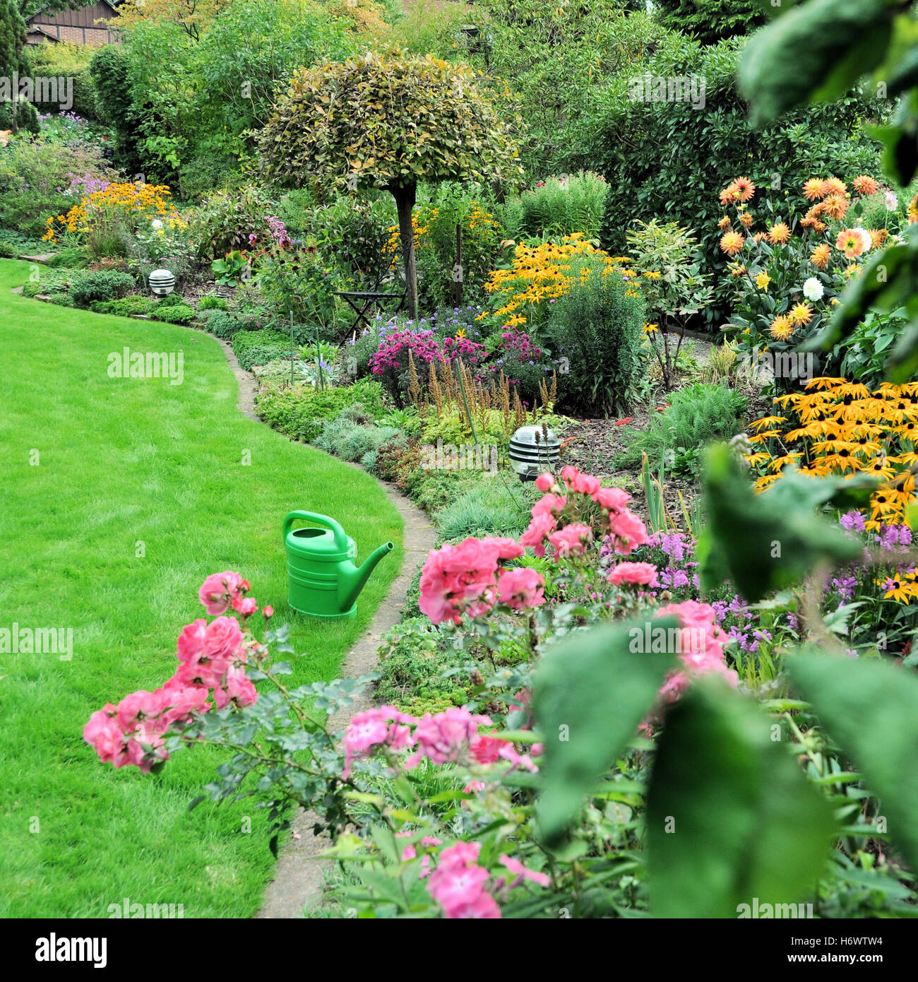 Garten Blume Blumen Pflanzen Garten Blumengarten Gießkanne Blumengarten Herbst Herbst Baum Garten grün farbig bunt Stockfoto