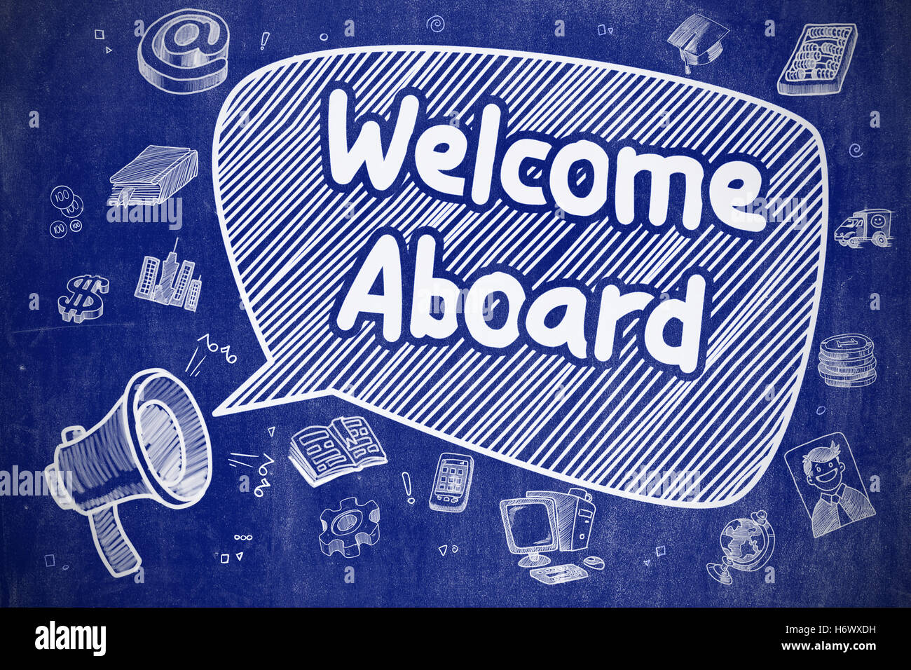 Willkommen an Bord - Doodle Illustration an blauen Tafel. Stockfoto