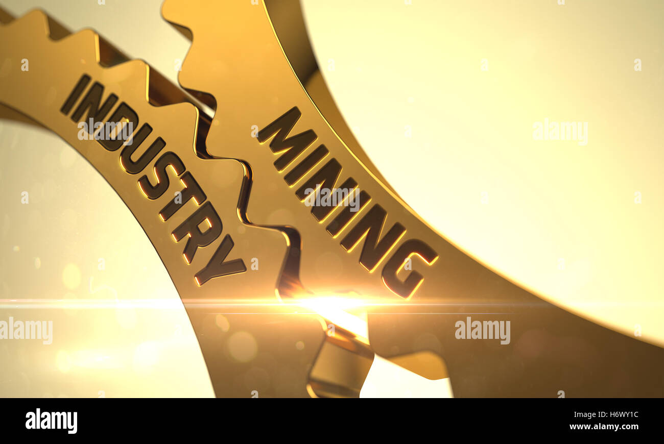 Bergbau-Industrie-Konzept. Goldene Zahnrad Zahnräder. 3D. Stockfoto