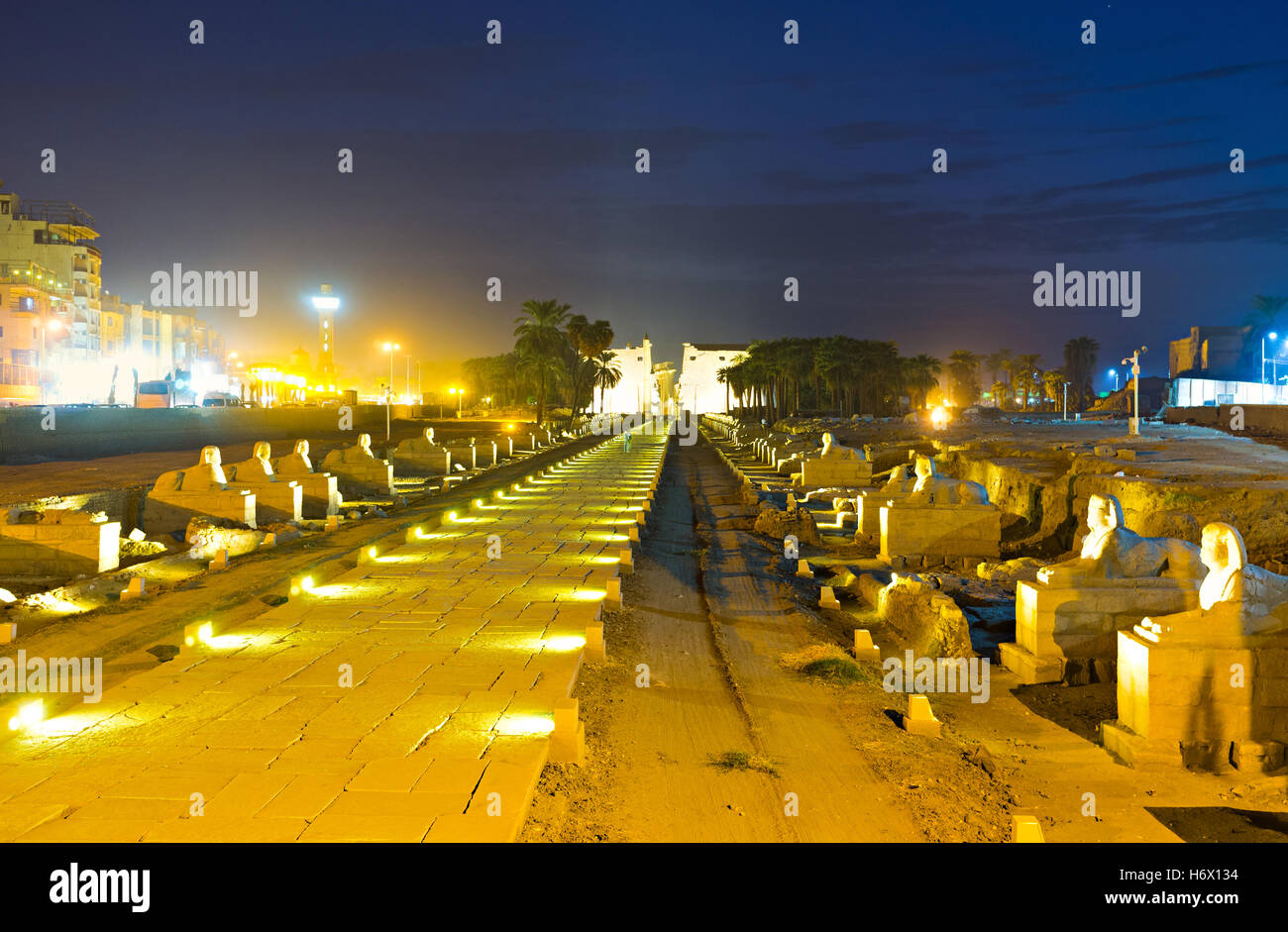 Die hell beleuchtete Sphinx-Allee mit dem Luxor-Tempel auf dem Hintergrund, Ägypten. Stockfoto