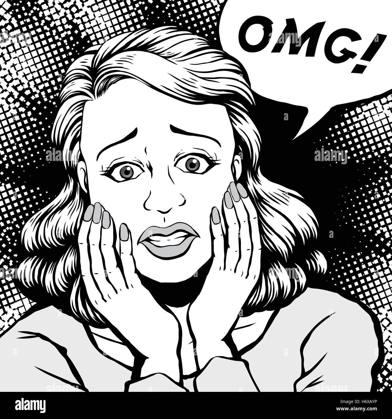 Retro-Frau schockiert mit Augen weit geöffnet und sagt OMG, Comic-Buch-Stil-Sprechblase, Pop-Art, schwarz-weiß Stock Vektor