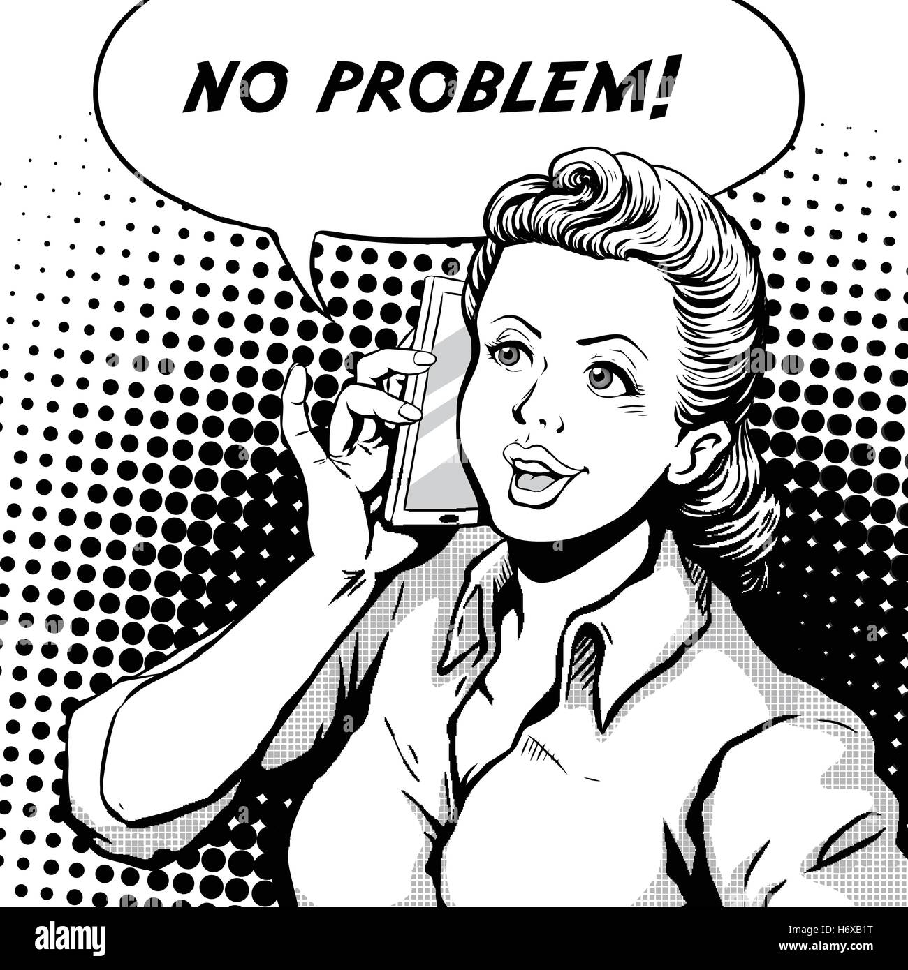 Retro-Frau lächelnd auf Handy zu sprechen und sagt kein Problem, Comic-Buch-Stil-Sprechblase, Pop-Art, schwarz-weiß Stock Vektor