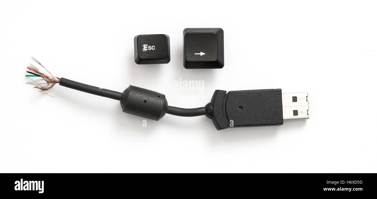 ESC-Taste, Pfeil nach rechts-Taste und USB-Kabel abgeschnitten Stockfoto