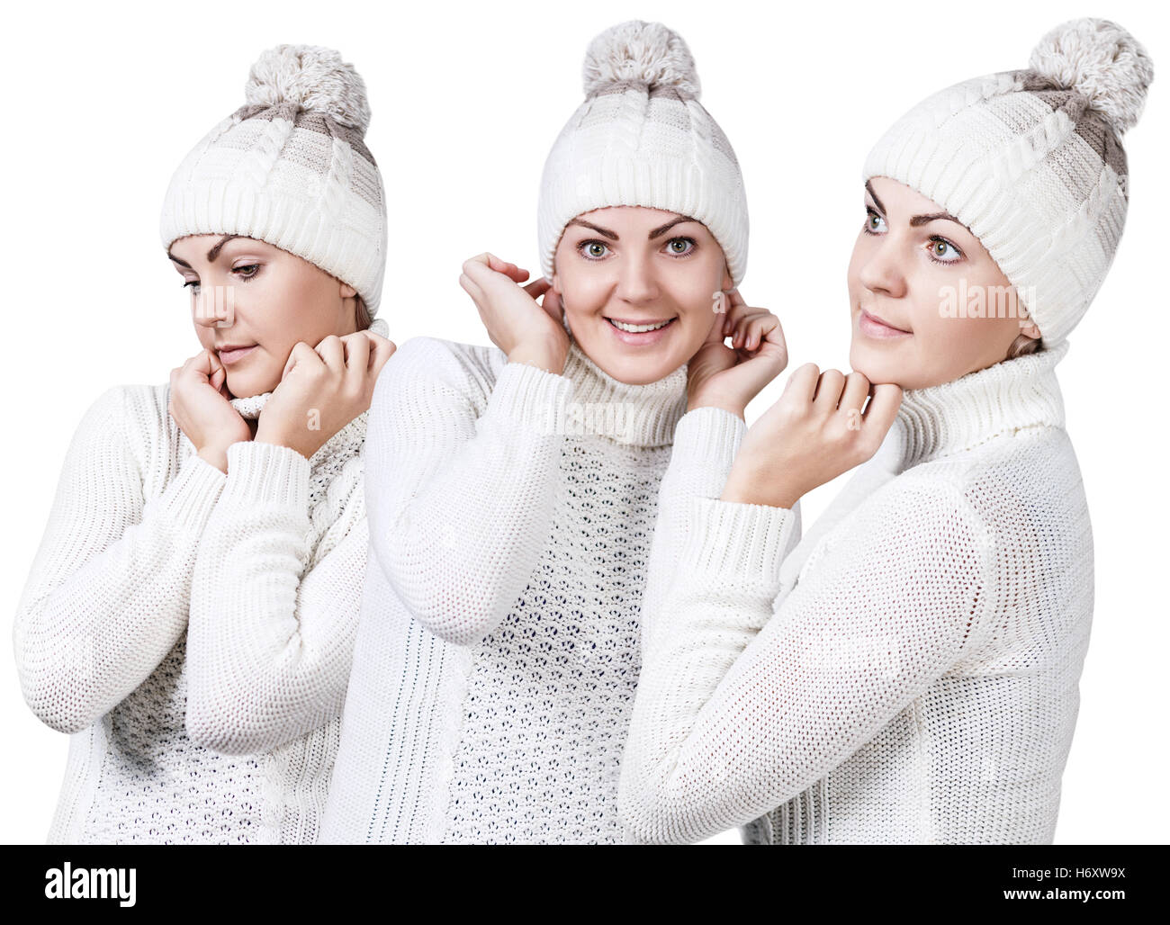 Frau im weißen Pullover und Mütze Stockfoto