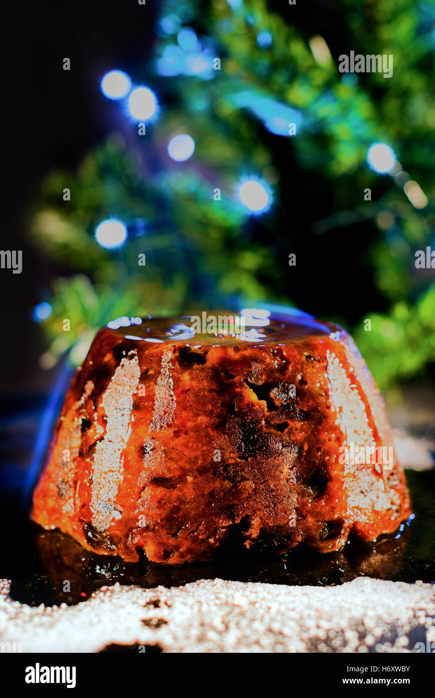 Christmas Pudding, flammenden mit Baum im Hintergrund Stockfoto
