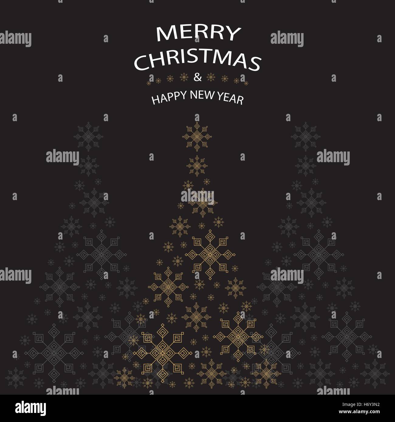 Weihnachtsbaum Geformt Aus Gold Schneeflocken Auf Schwarzen Hintergrund Mit Weisser Schrift Grafik Frohe Weihnachten Und Happy New Year Stock Vektorgrafik Alamy