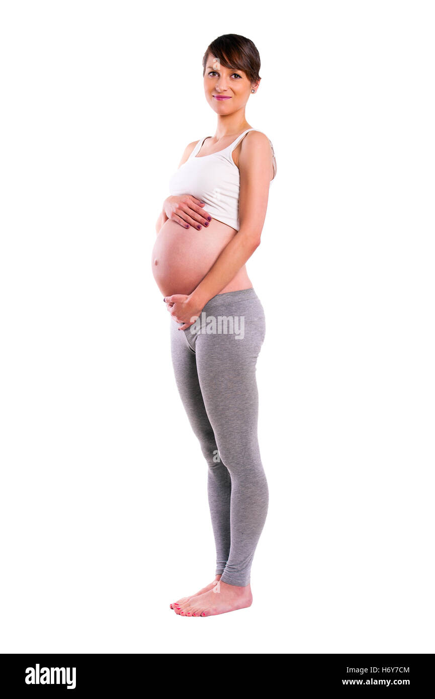 Schöne schwangere Frau - auf einem weißen Hintergrund isoliert Stockfoto