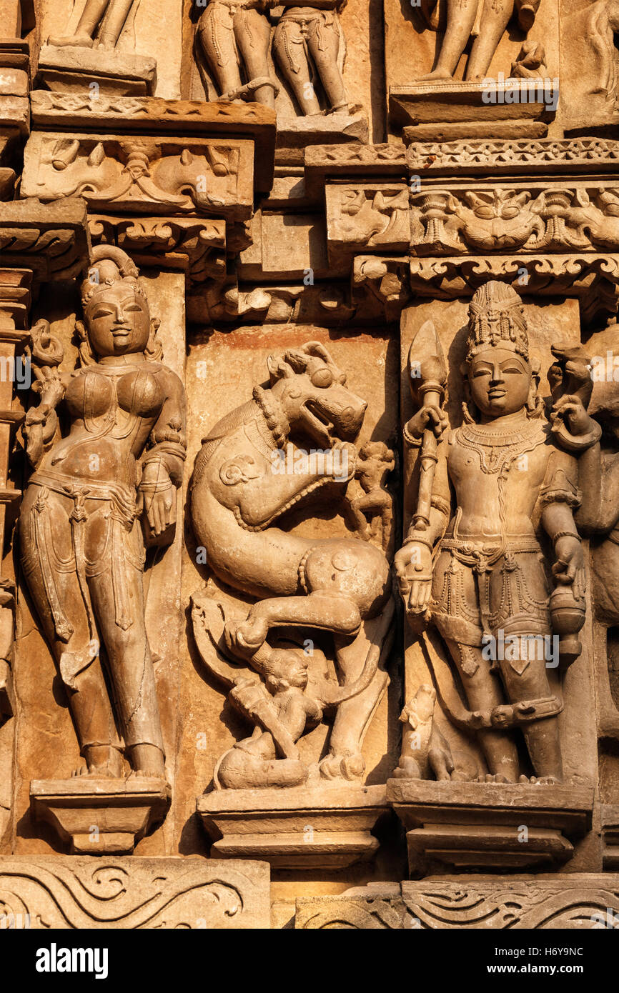 Berühmte Skulpturen von Khajuraho Tempel, Indien Stockfoto