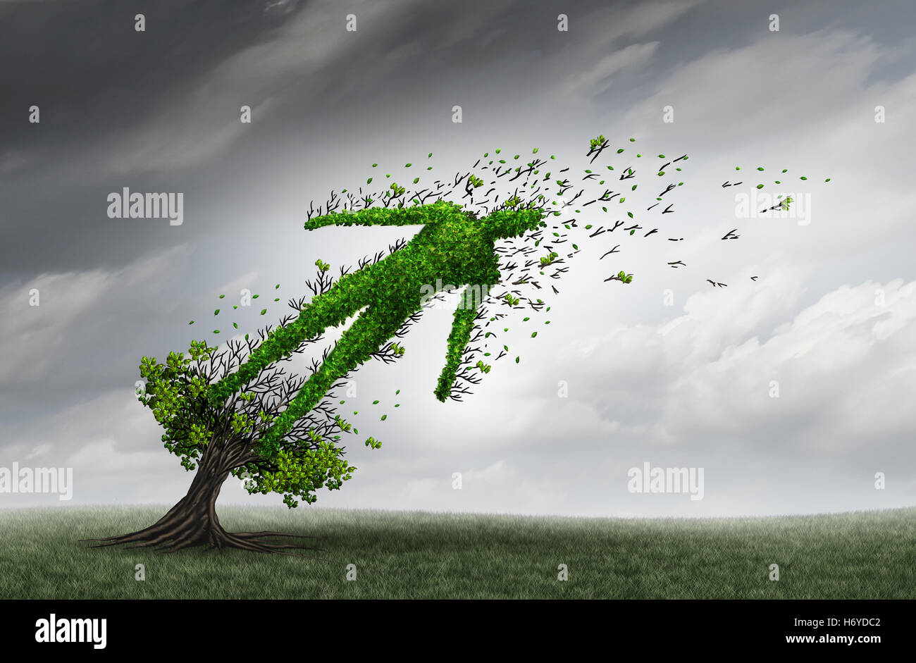Konzept der Gesundheit Probleme und menschliche Not Symbol als ein Baum, eine Person wird geblasen und betont durch starken Sturmwinde als Wattierung Stockfoto