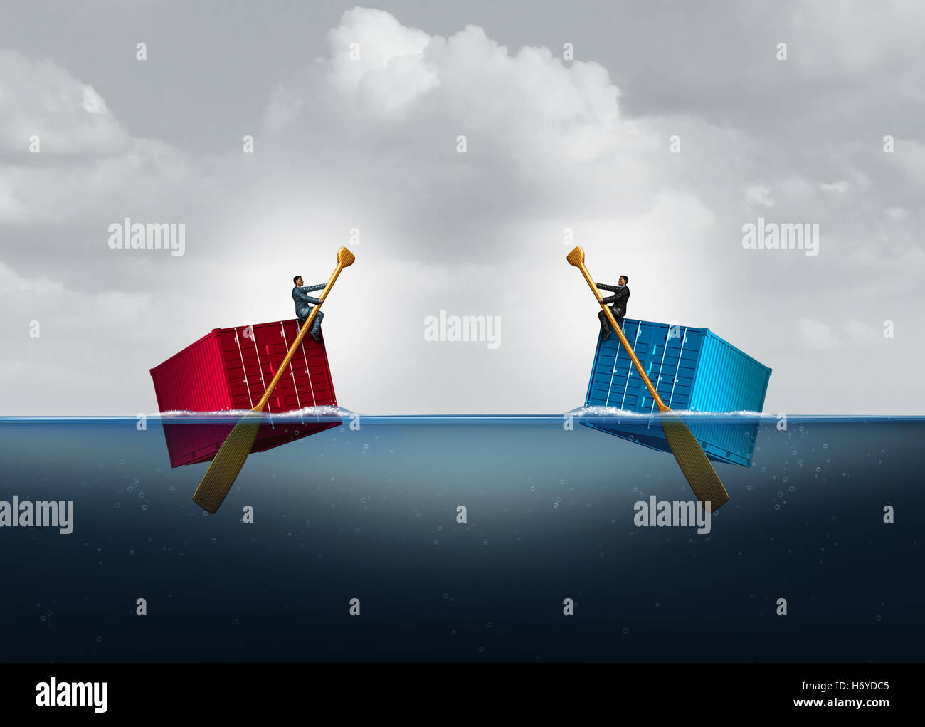 Import Exporthandel und Import von ausführenden Vereinbarung als Geschäftsmänner auf schwimmenden Fracht Cargo-Container mit 3D Abbildung Elemente. Stockfoto