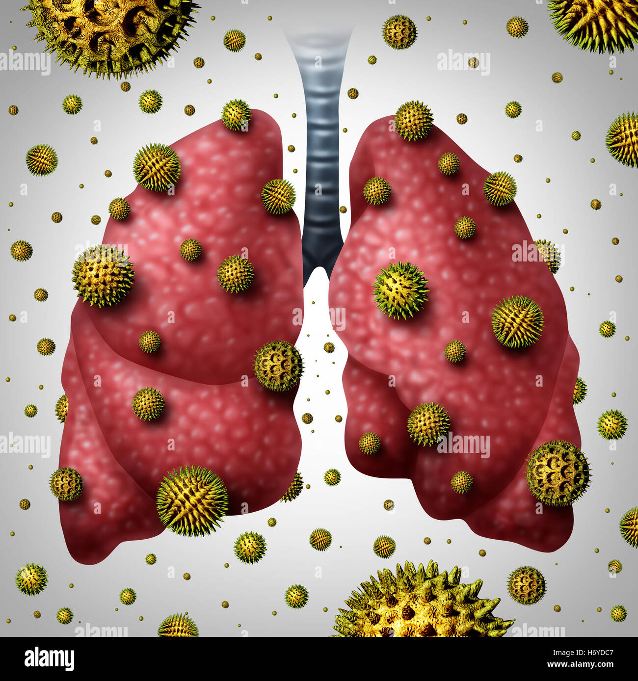 Lunge-Allergie medizinisches Konzept als menschliche Lunge mit Luft Pollenkörner infizieren die Atmung Orgel als Asthma auslösen oder allergische Reaktion Symbol mit 3D Abbildung Elemente. Stockfoto