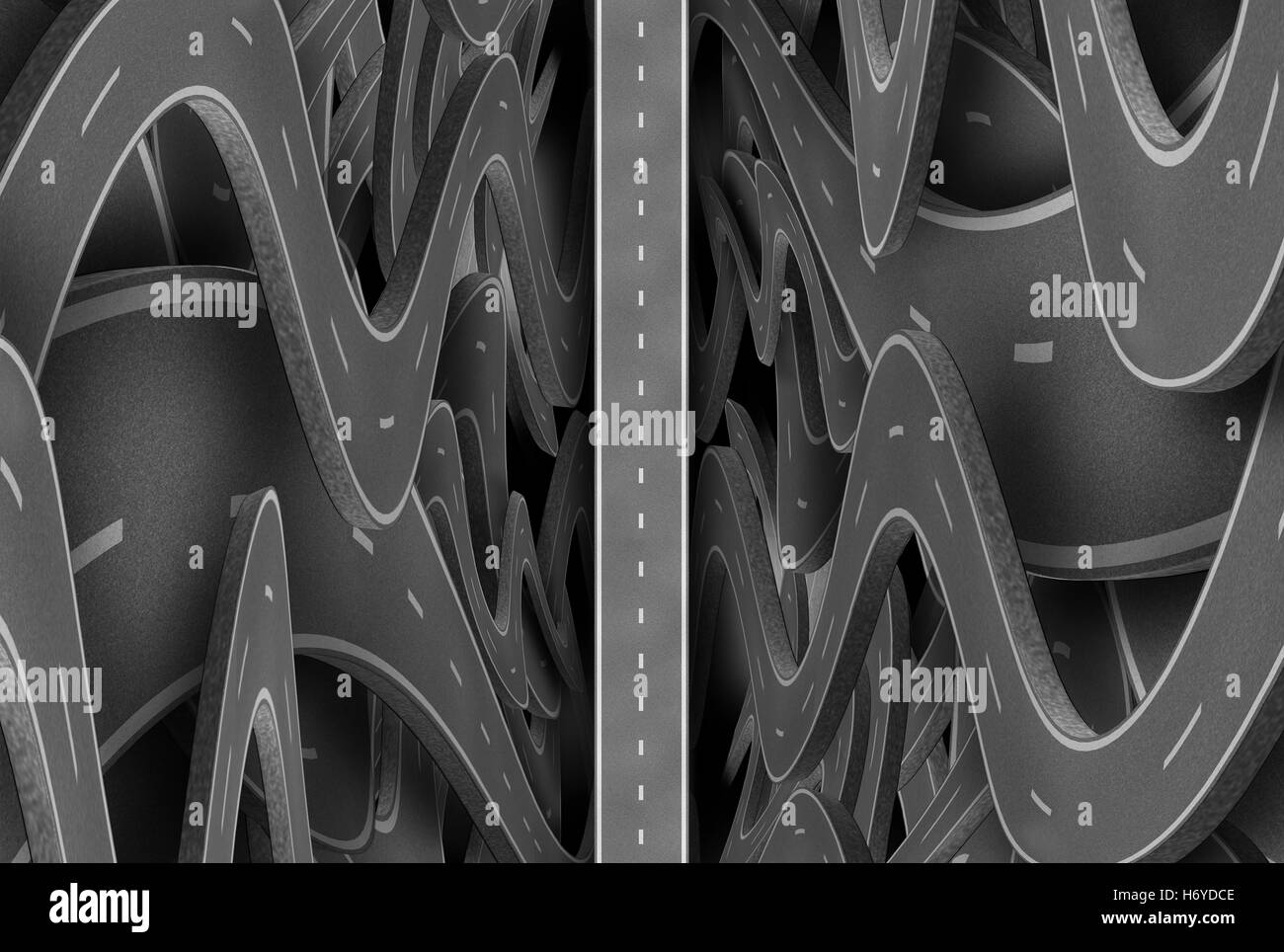 Richtung Erfolg Geschäftskonzept als verwirrt verworrenen Weg mit einer geraden Straße als Weg zum Erfolg als eine 3D Darstellung. Stockfoto