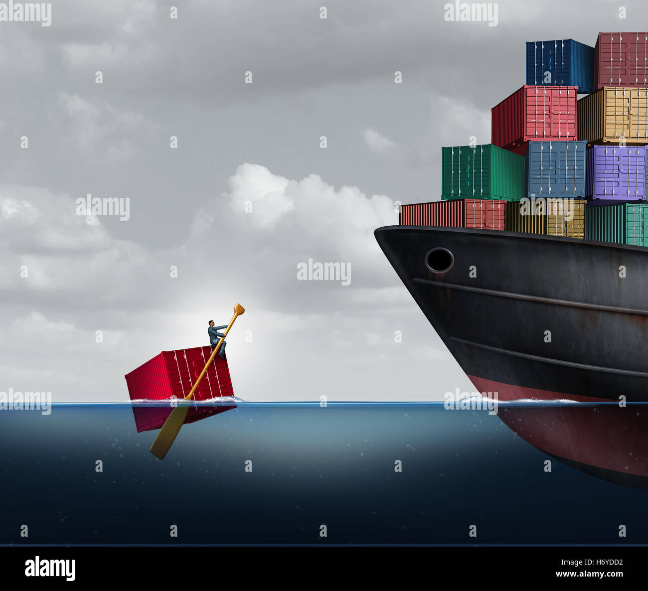 Handel Defizit Geschäftskonzept als riesige Ladung transportieren Fracht Liner kontrastiert mit einem Geschäftsmann Rudern einen einzigen Container im Ozean als wirtschaftliches Ungleichgewicht Metapher mit 3D Abbildung Elemente. Stockfoto