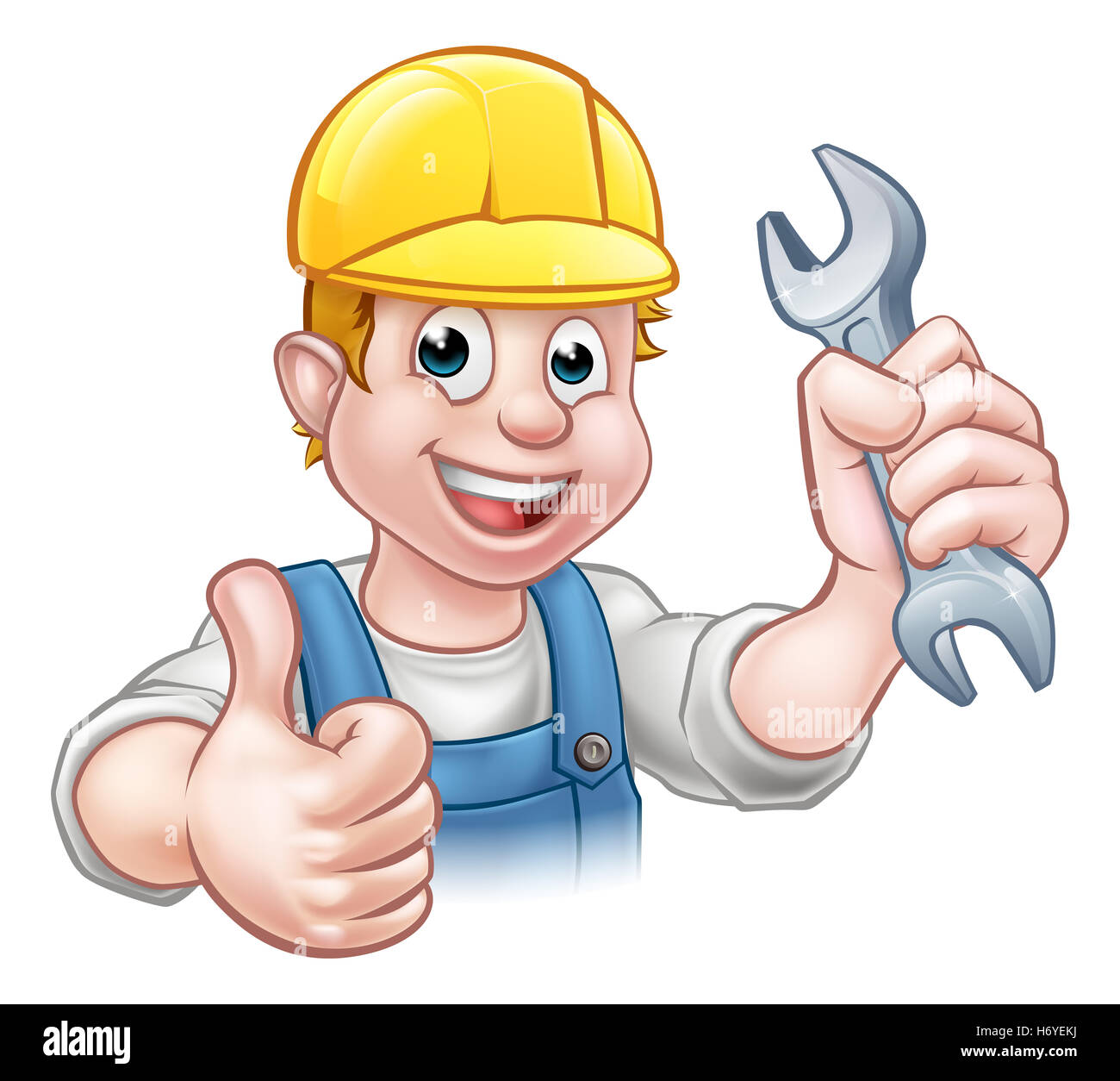 Ein Handwerker Mechaniker oder Klempner Cartoon-Figur hält einen Schraubenschlüssel und geben einen Daumen nach oben Stockfoto