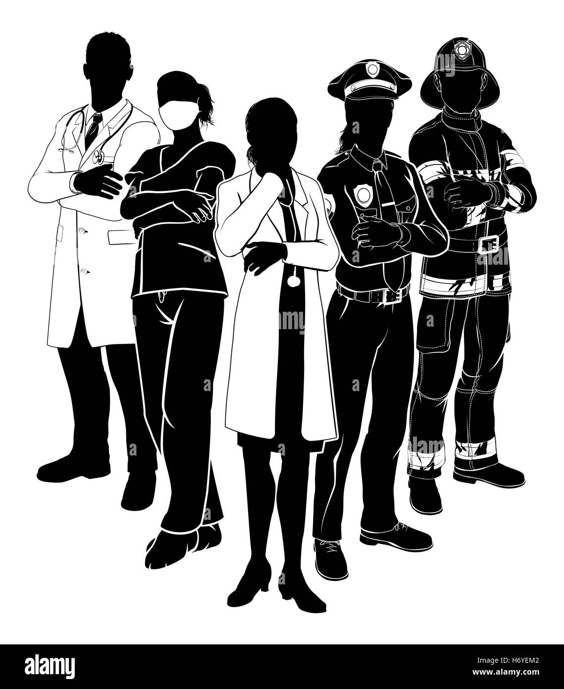 Silhouette Notfallrettung Arbeiter Serviceteam mit männlichen und weiblichen Polizei, Feuerwehrmann und Ärzte Stockfoto