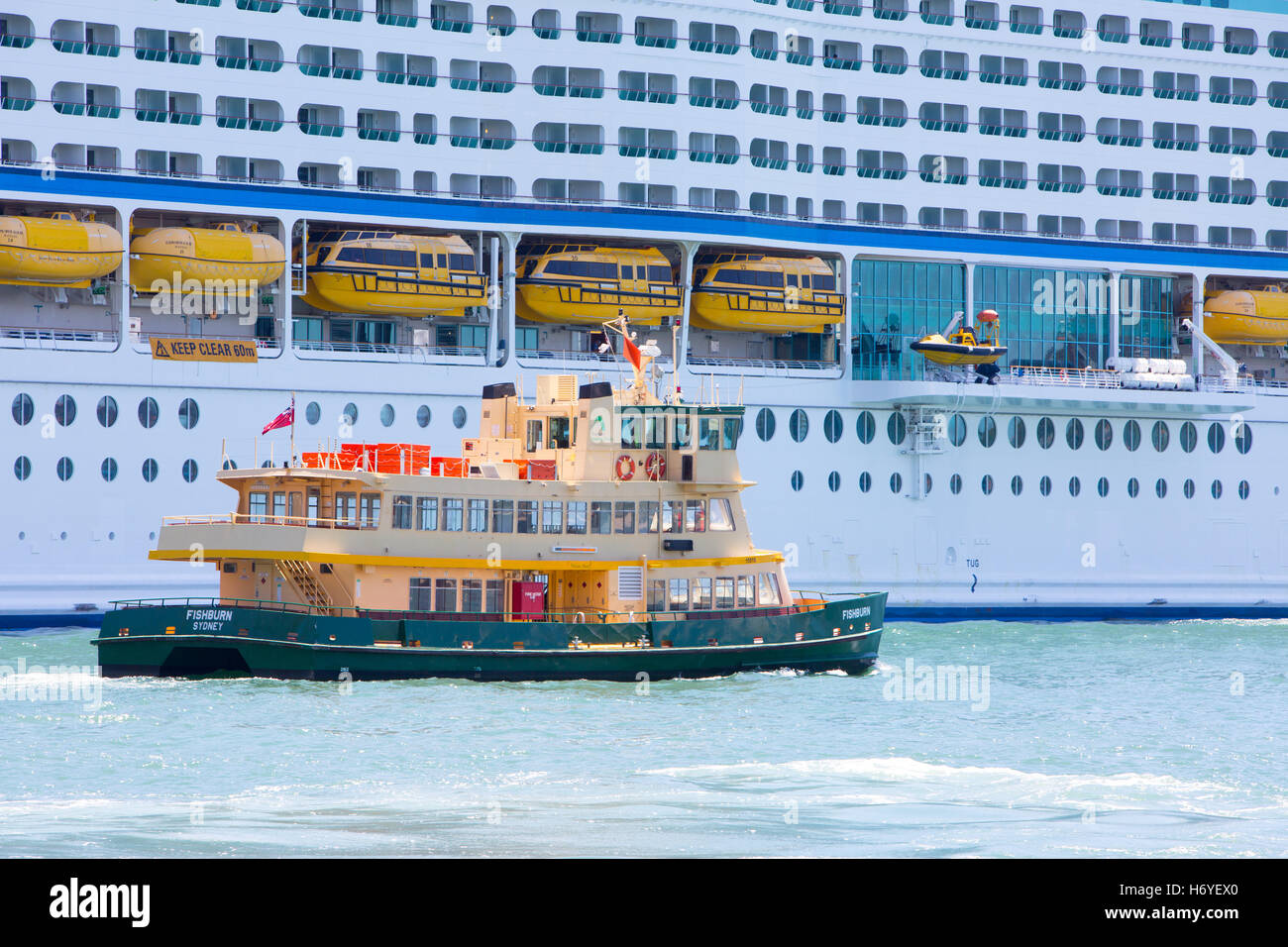 Erkunden Sie das Kreuzfahrtschiff Seas am Übersee-Passagierterminal in Sydney mit einer Fähre MV Fishburn neben Australien Stockfoto