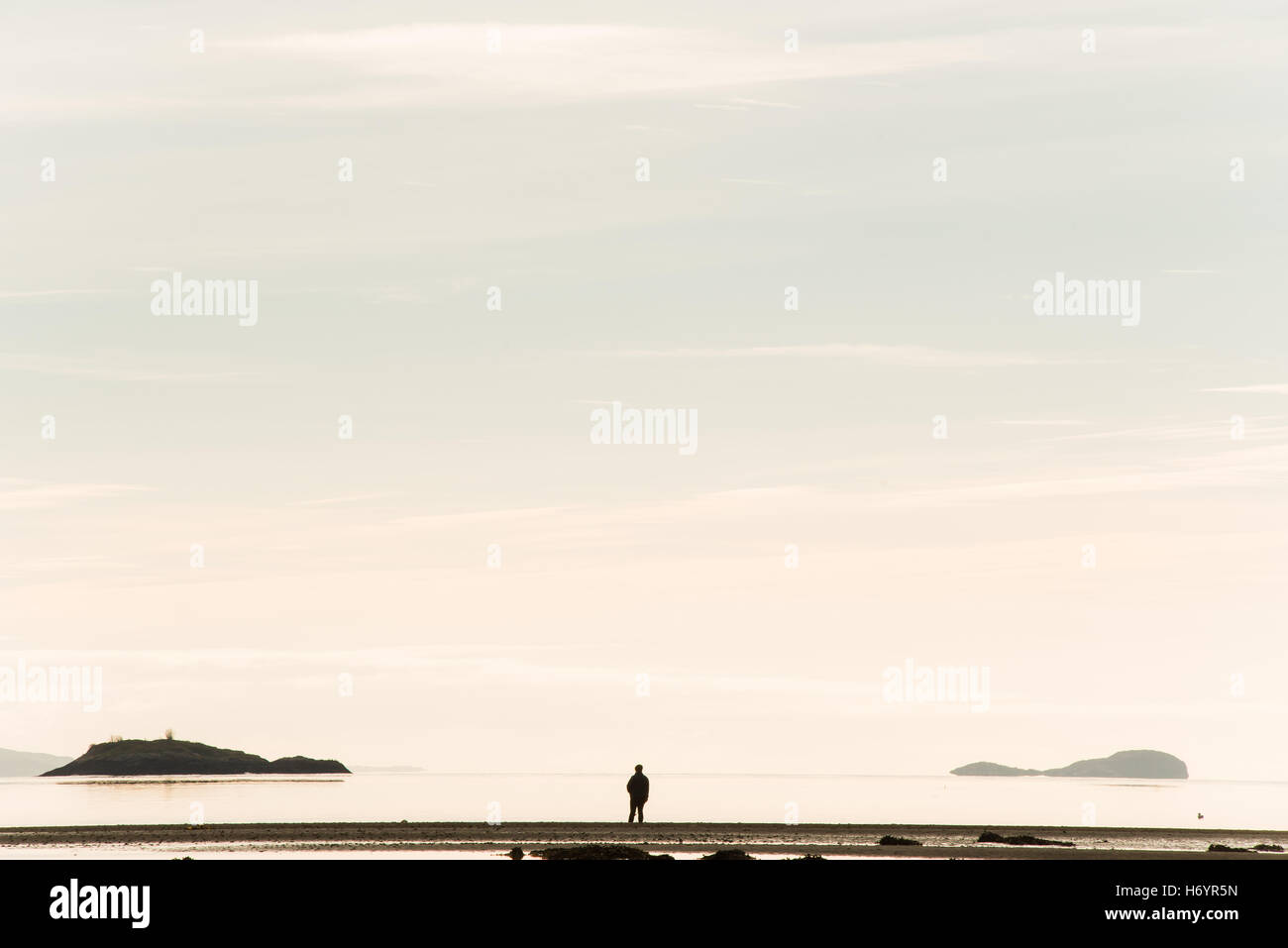 Mensch und Hund Silhouette am Strand mit großen Himmel in der Nähe von Port Appin, Schottland Stockfoto