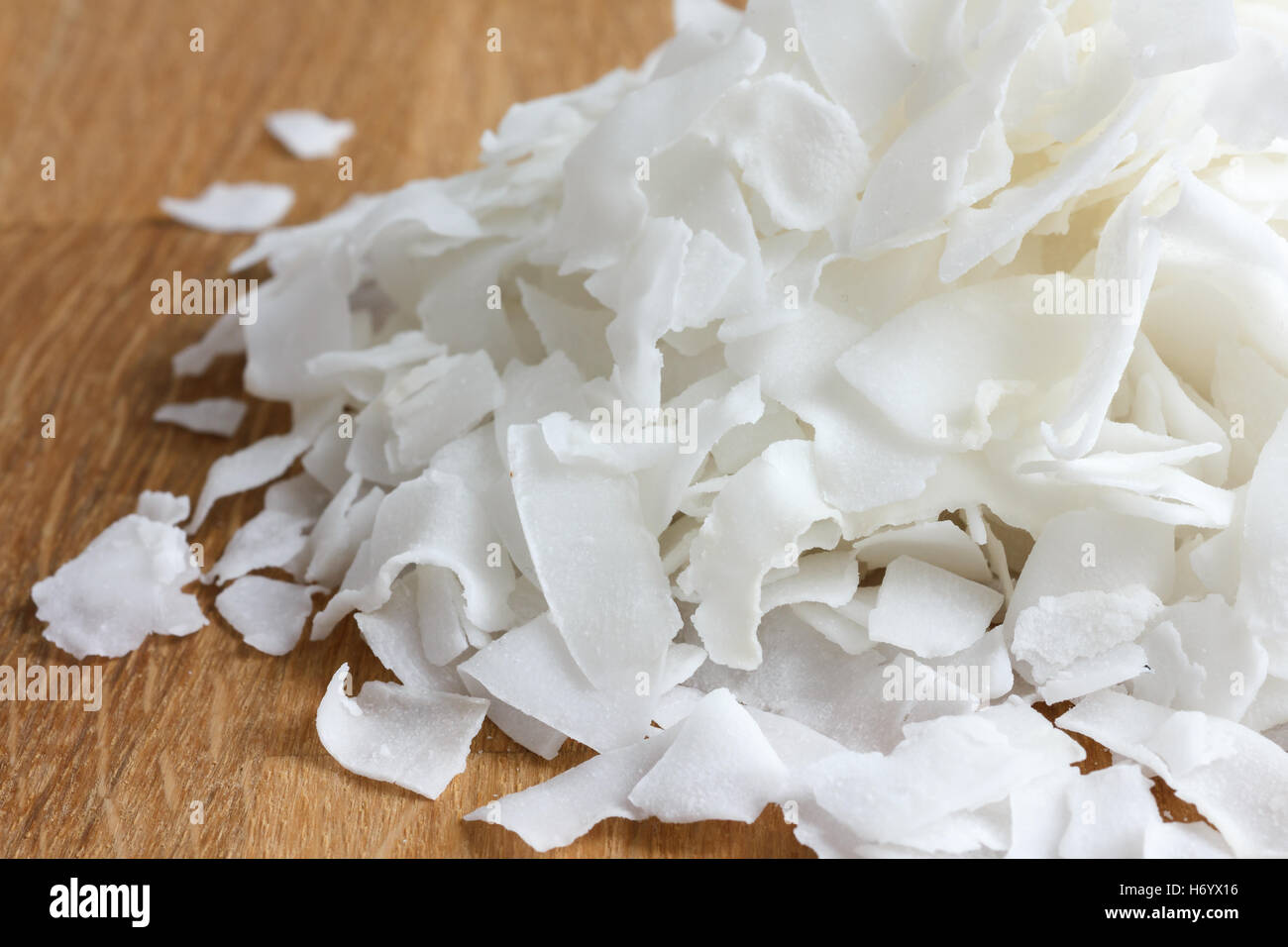 Detail der getrockneten rasierte Kokosnuss Flocken. In der Perspektive. Stockfoto