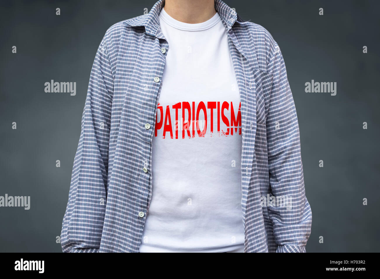 Patriotismus Druck auf T-shirt, politische Botschaft. Selektiven Fokus. Stockfoto