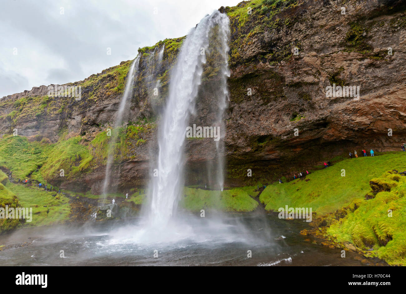 Ein Blick auf den Wasserfall Seljalandsfoss Island. Stockfoto