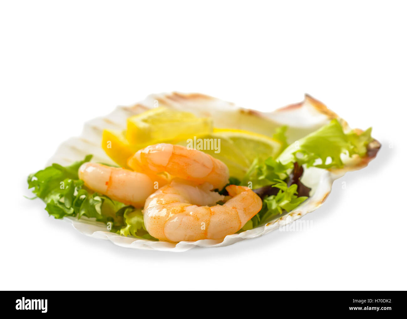 Garnelen-Salat mit Zitronenscheiben auf weißem Hintergrund Stockfoto