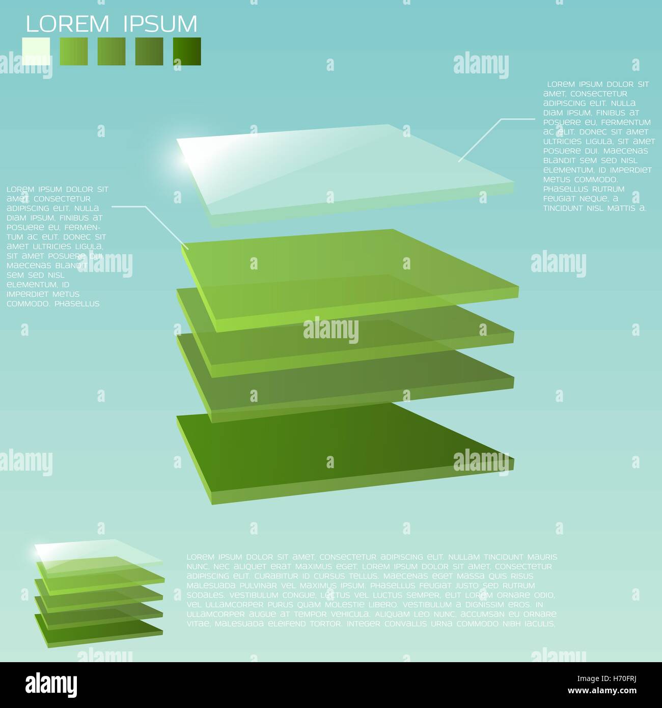 Fünf Quadratmeter 3D-Ebenen in grünen Farben mit transparenten Oberschicht. Stock Vektor