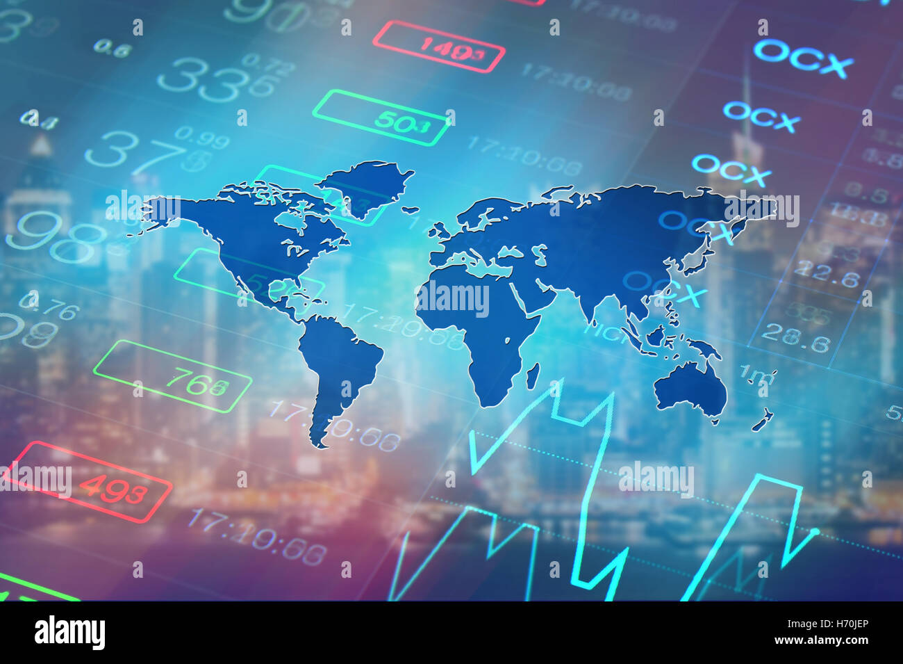 Globale Wirtschaft, Finanzen, Börse, Global Business Konzept Hintergrund. Börse Daten und Diagramm am Hintergrund der Weltkarte. Stockfoto