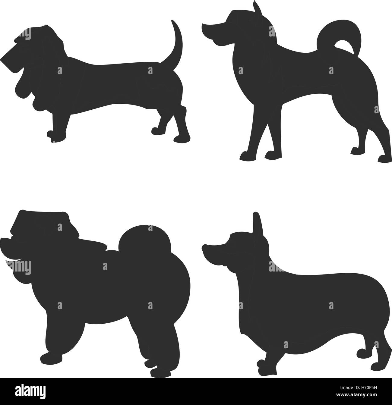 die quadratischen Bild kleine Gruppe von schwarzen Schatten der vier reinrassige Hunde Isoleted auf dem weißen Hintergrund Stock Vektor