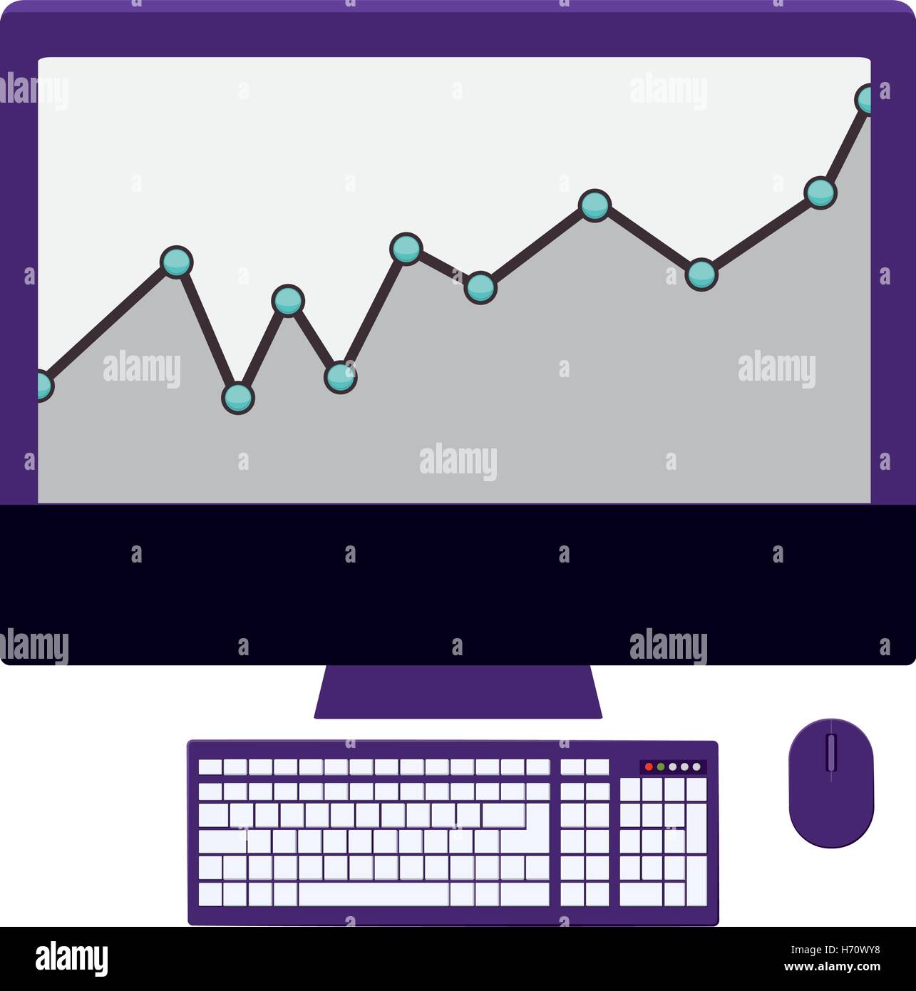 Computergerät mit Tastatur und Maus und Grafiken auf dem Bildschirm auf weißem Hintergrund. Vektor-illustration Stock Vektor