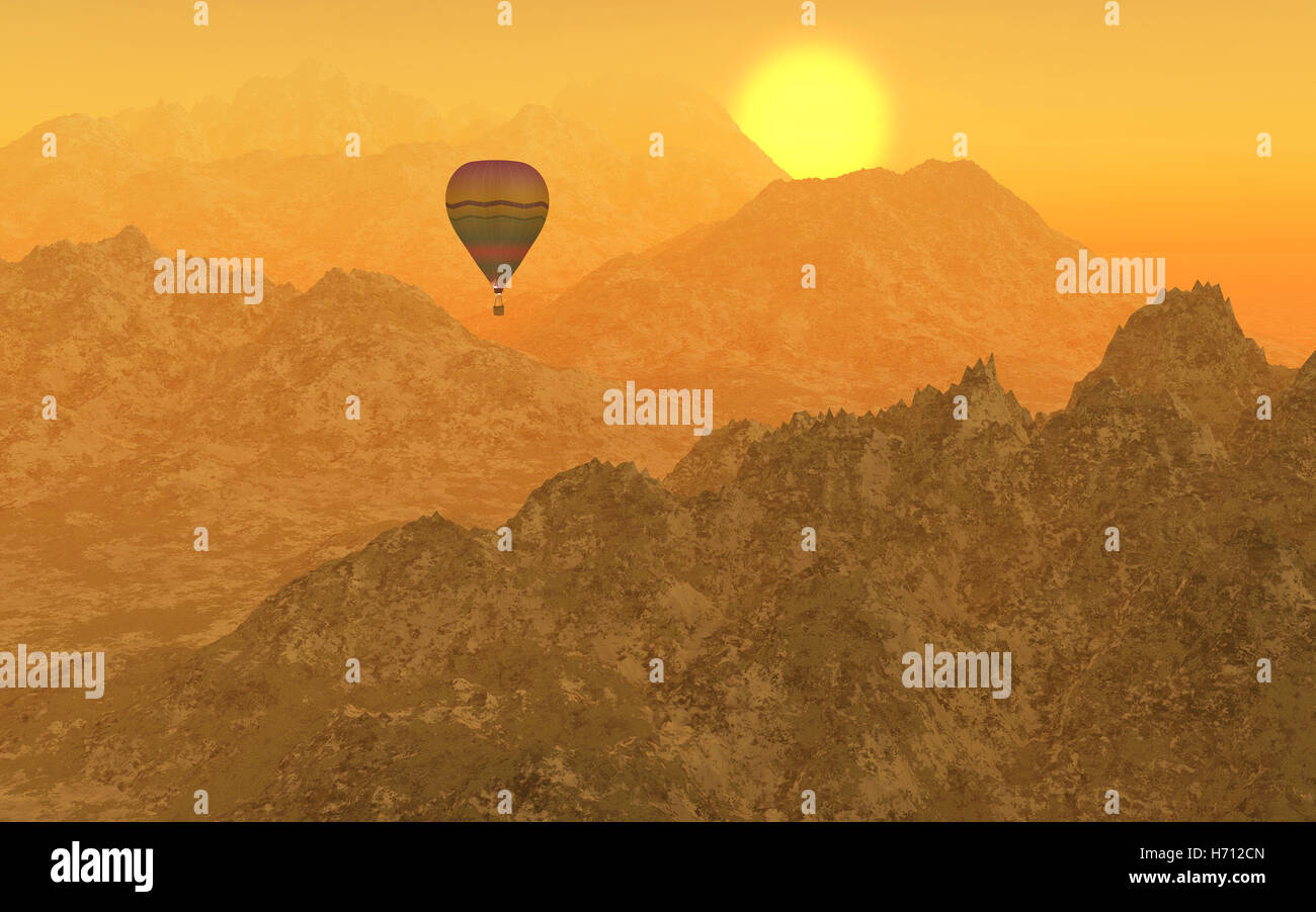 Hot Air Ballooning über Berge. Stockfoto