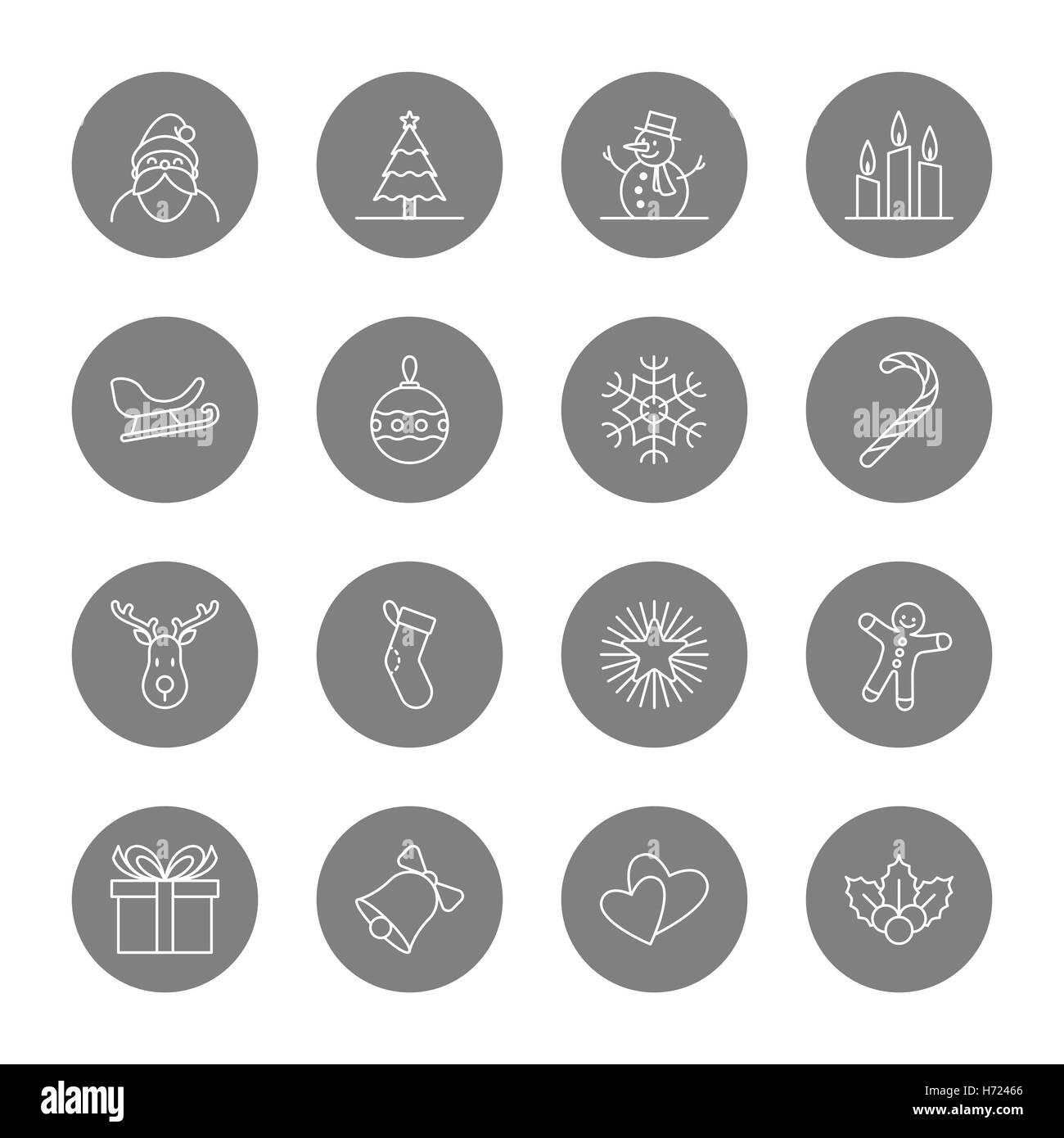 Weihnachten und Neujahr Symbolsatz Illustration - Umriss auf grauen Kreis Stockfoto