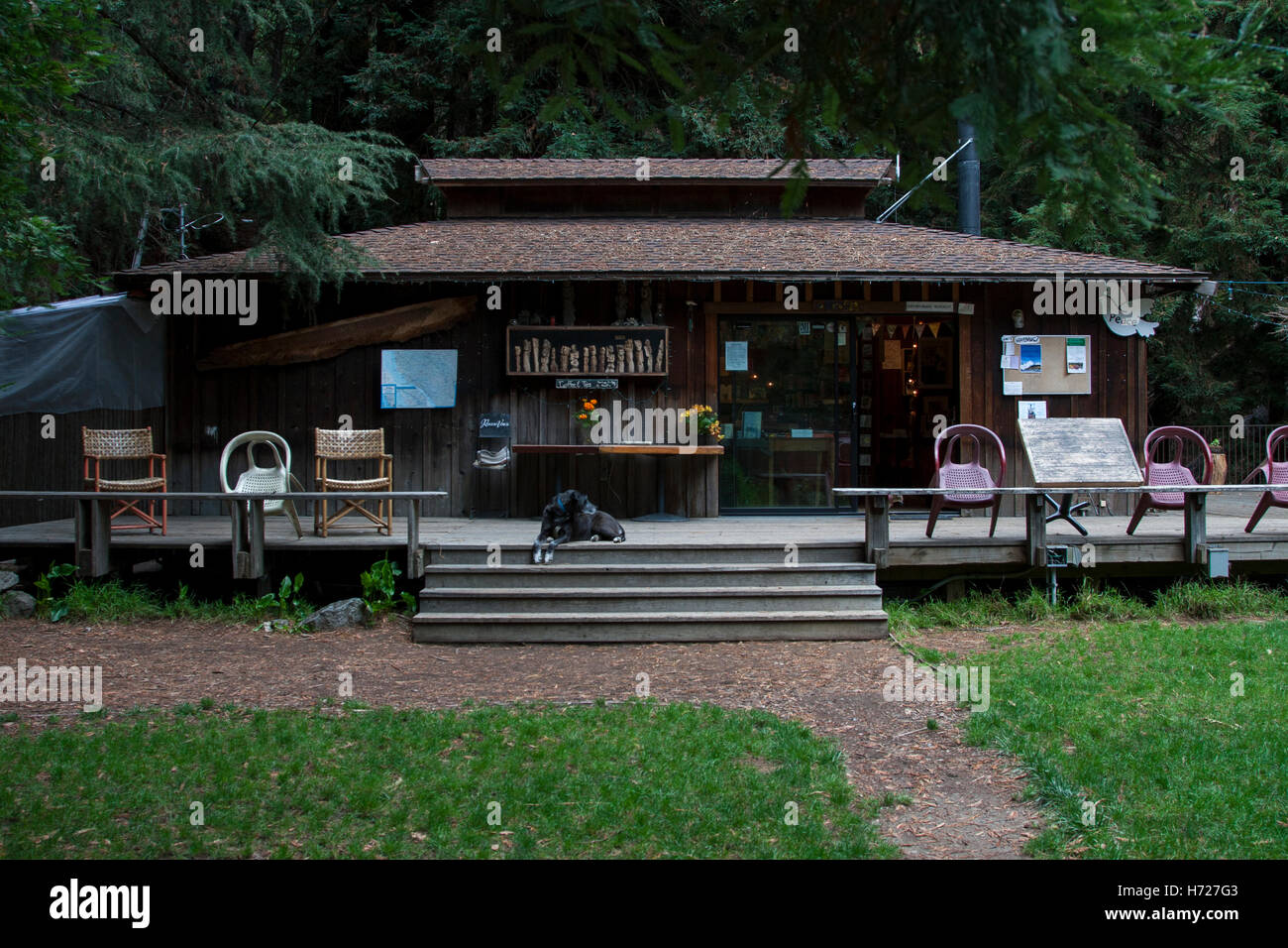 Henry Miller-Bibliothek an einem regnerischen Tag in Big Sur. Stockfoto