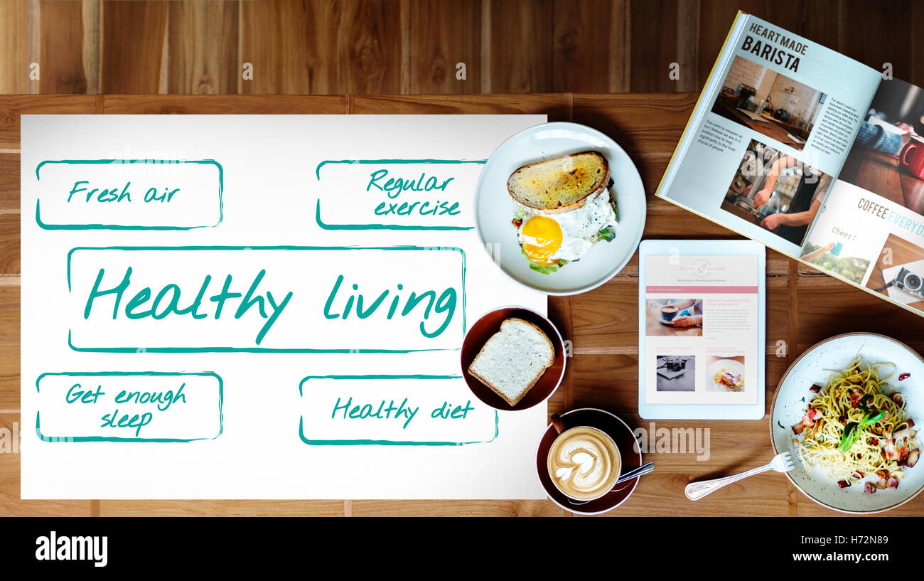 Gesundes Leben ♪ Diät Ernährung Grafikkonzept Stockfoto