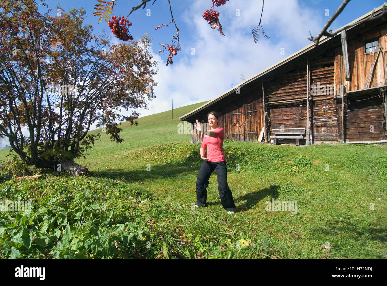 Frau, Anfang 40, Tai Chi zu tun, vor einer Holzhütte in den Schweizer Alpen, Schweiz, Europa Stockfoto