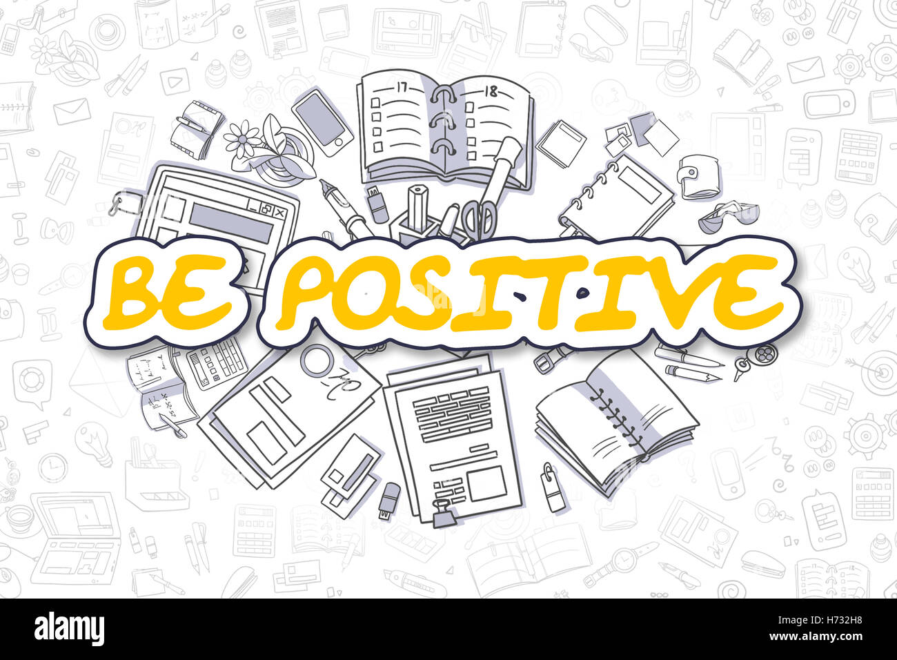 Seien Sie positiv - Doodle gelben Text. Business-Konzept. Stockfoto