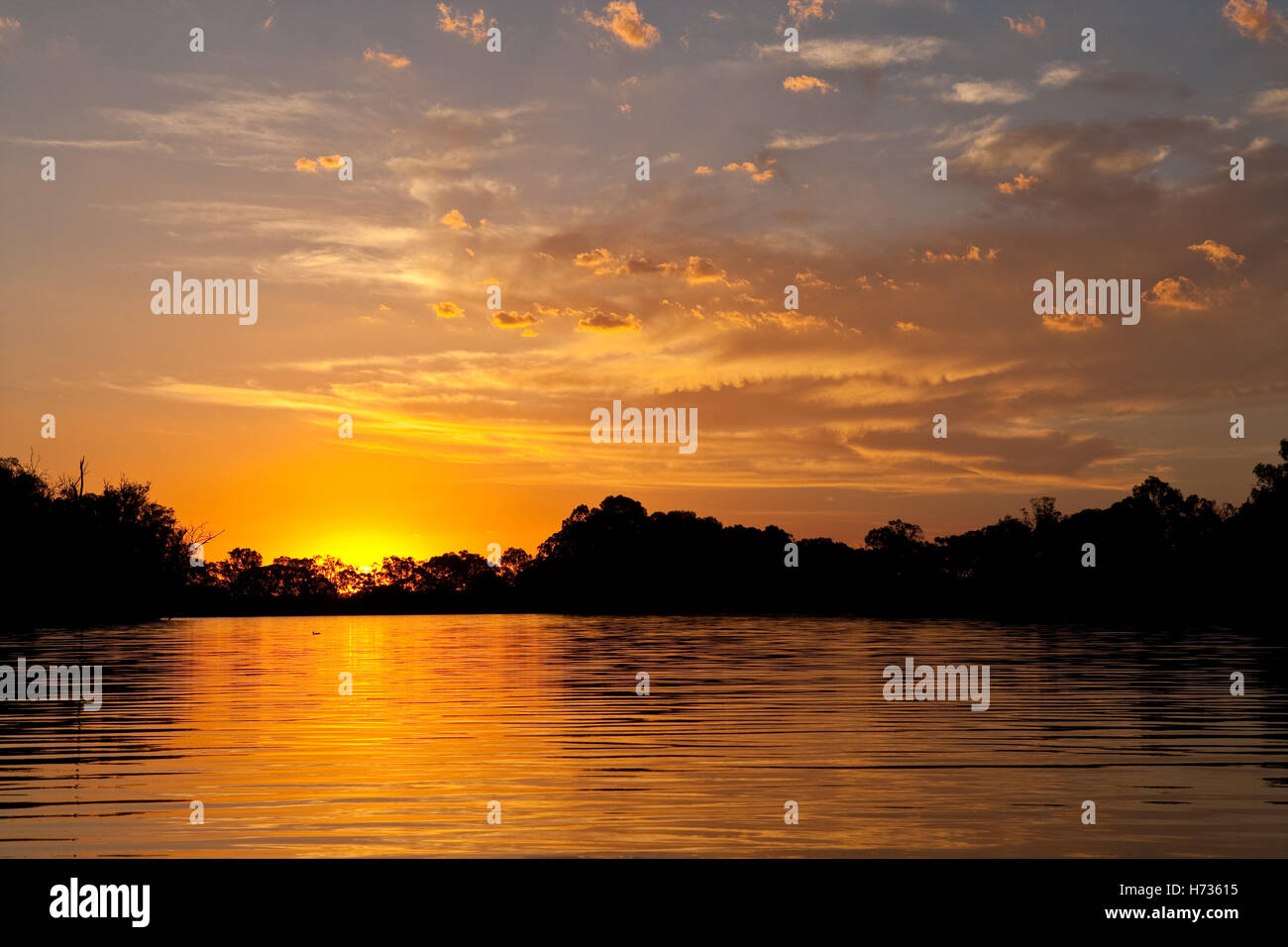 Sonne über Murray River in der Nähe von Mildura, Victoria. Der Murray River bildet die Grenze zwischen Victoria und New South Wales. Stockfoto