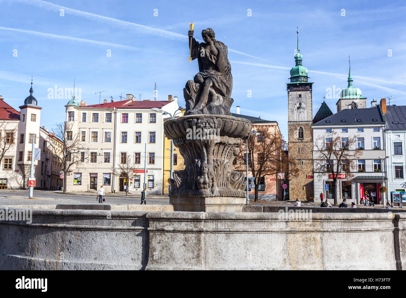 Jihlava, Masaryk-Platz mit Brunnen, Vysocina Region, Tschechische Republik Stockfoto