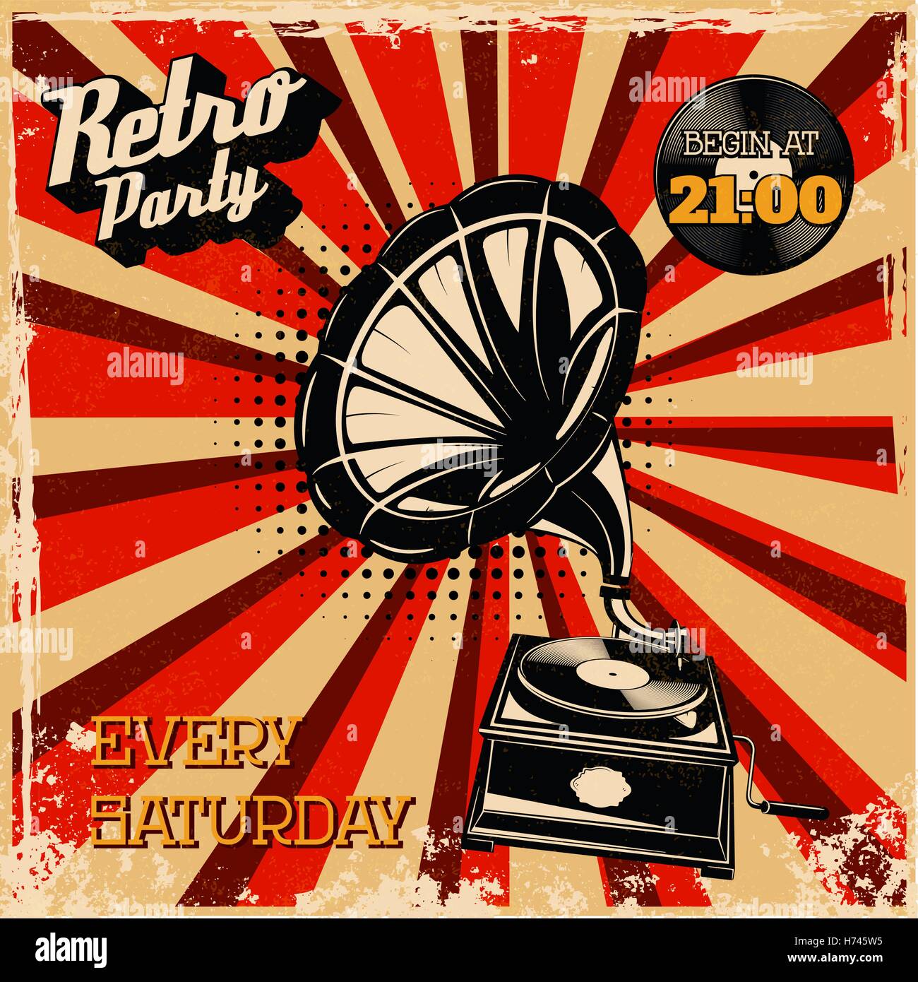 Retro-Party Vintage Poster Vorlage. Vintage-Stil Grammophon auf Grunge Hintergrund. Gestaltungselement für Flyer, Plakat. Vektor krank Stock Vektor
