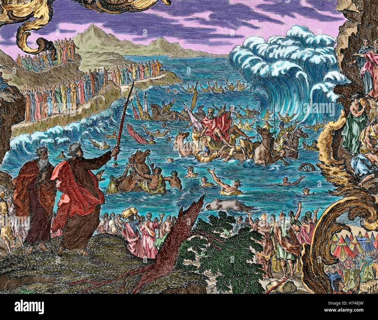 Abschied von den Gewässern des Roten Meeres. Das Buch Exodus. Kapitel 15, Vers 1. Gravur. Farbige. Stockfoto