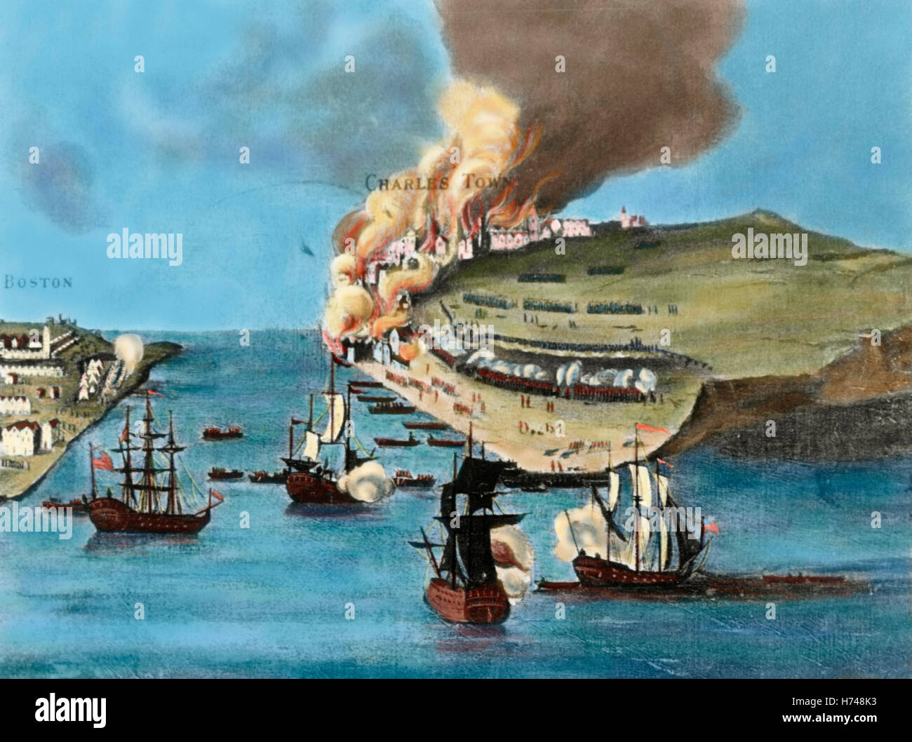 Amerikanischer Unabhängigkeitskrieg (1775-1783). Schlacht von Bunker Hill (17. Juni 1775). Kupferstich, 18. Jahrhundert. Farbige. Stockfoto