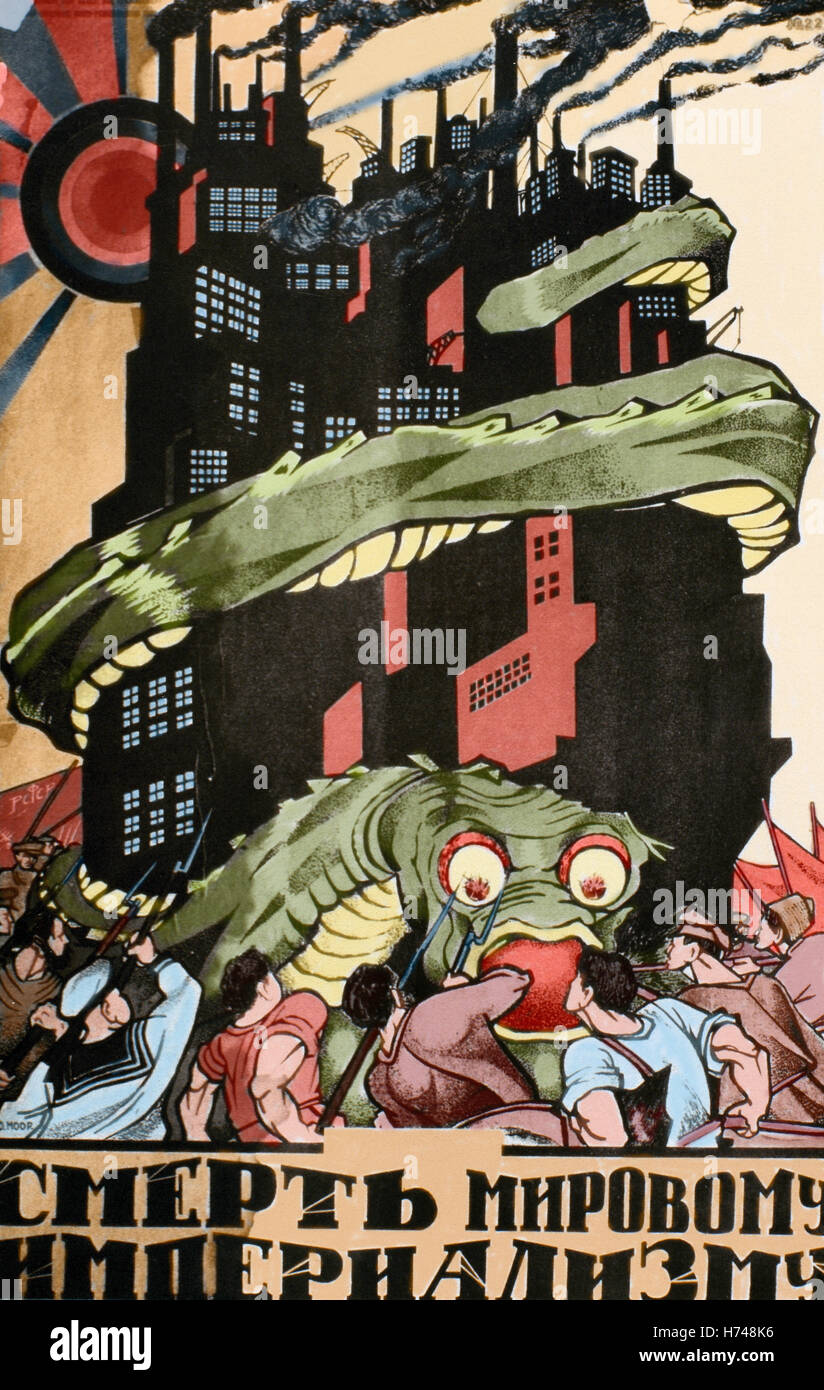 Russland. Kommunismus. Sowjetische Propaganda-Plakat. Weltimperialismus Tod. Farbige. Stockfoto