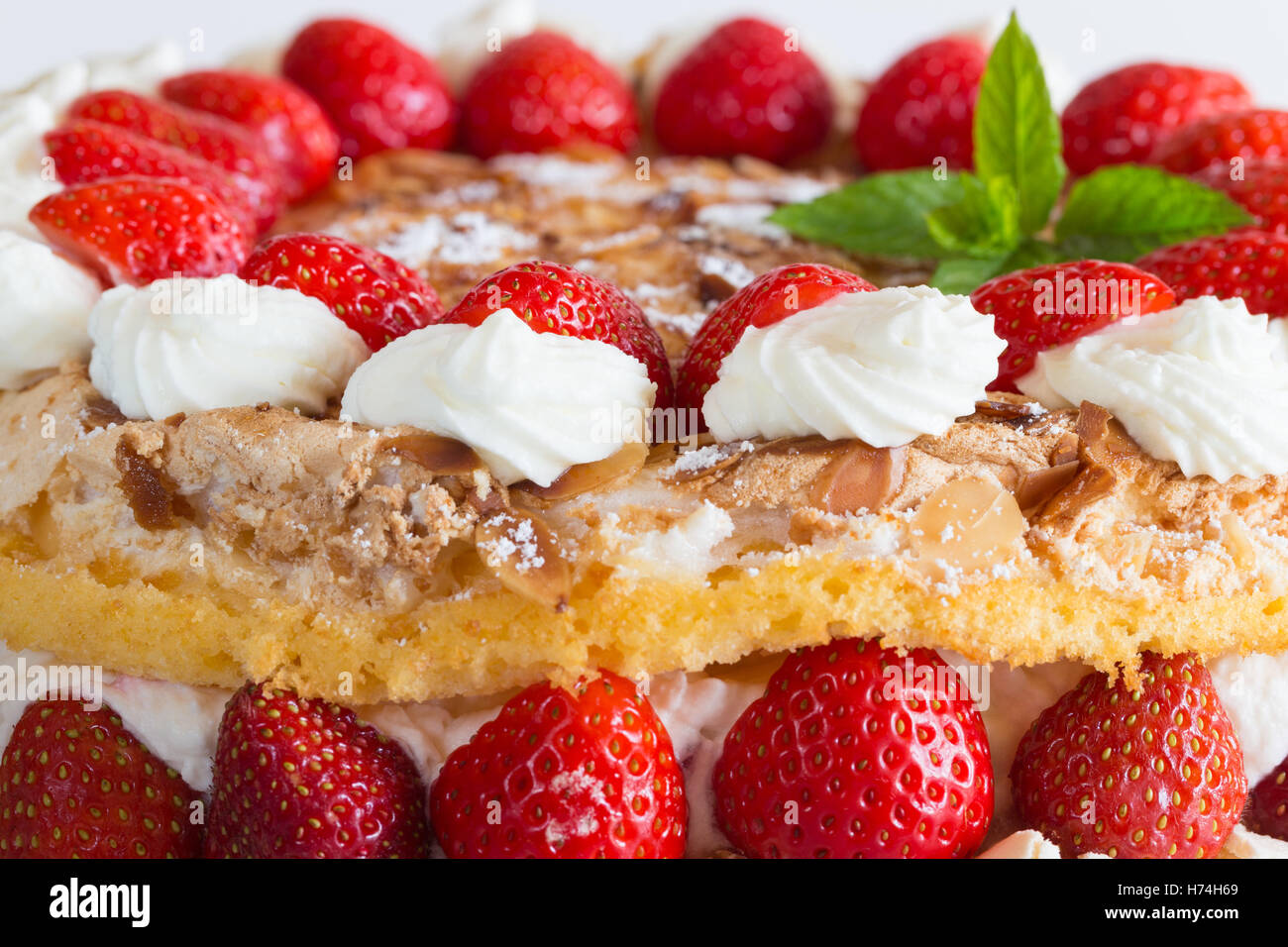 Baiser Torte mit Erdbeer-Joghurt als Schnitt isoliert Stockfotografie ...