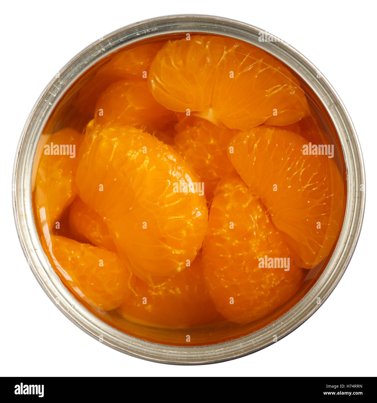 Offenen Dose Mandarinen im hellen Sirup. Stockfoto