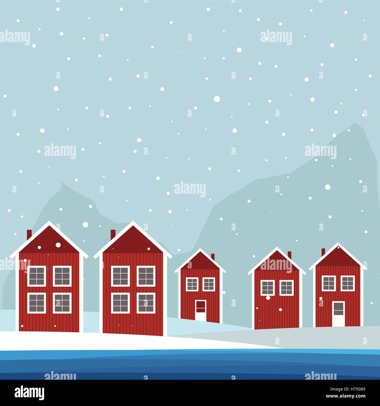 Roten und weißen skandinavischen Holzhäusern. Winter-Thema Stock Vektor