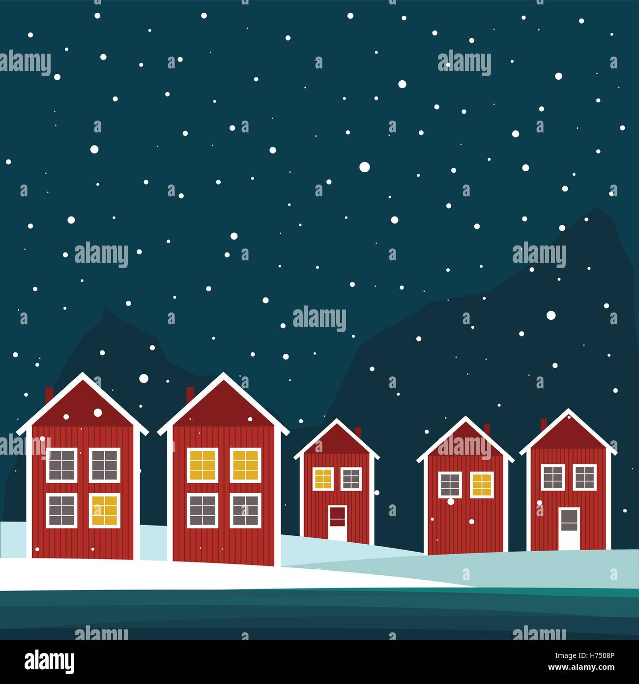 Roten und weißen skandinavischen Holzhäusern. Winter-Thema Stock Vektor