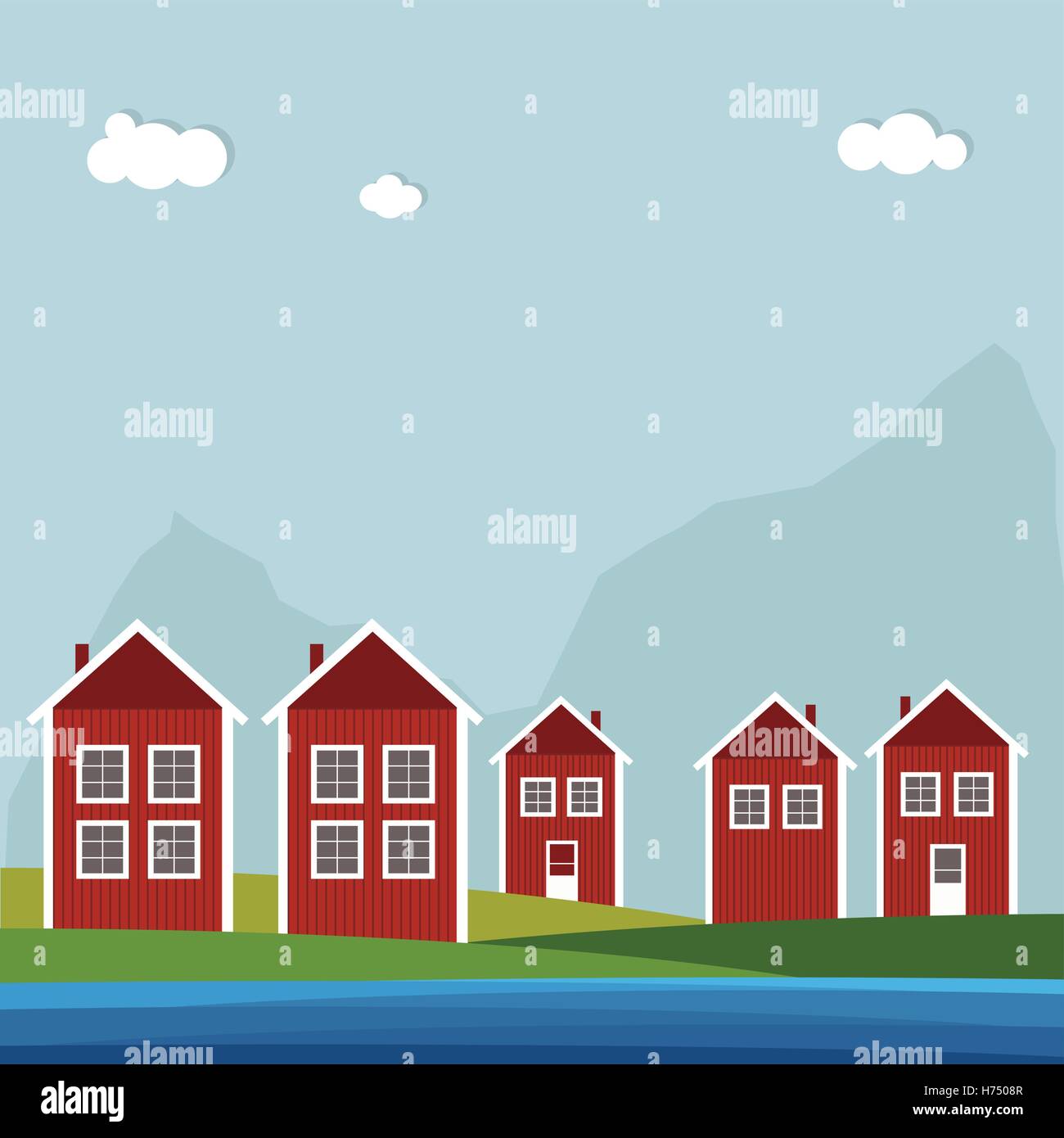 Roten und weißen skandinavischen Holzhäusern. Sommer-Thema Stock Vektor